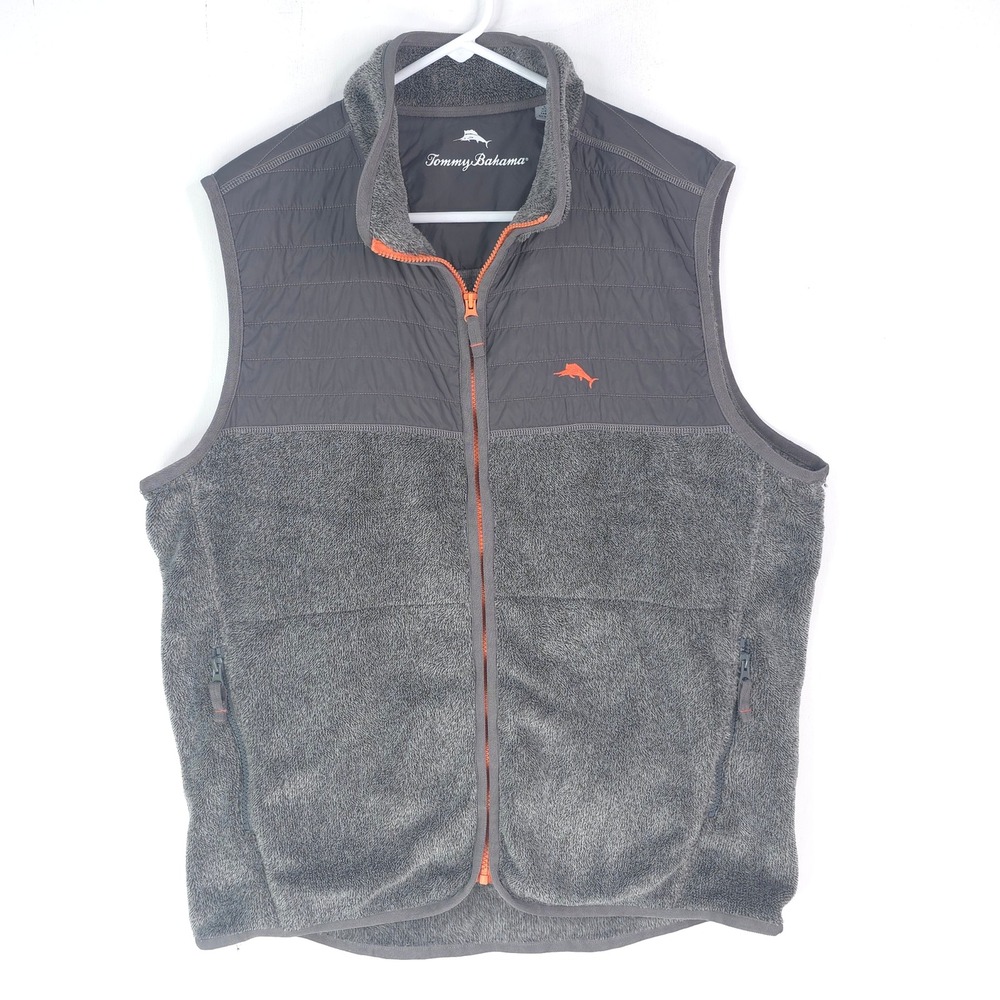 Tommy Bahama Mens Large Grey Cascade Cozy Fleece Full Zip Vest Orange Trim - Picture 2 of 11